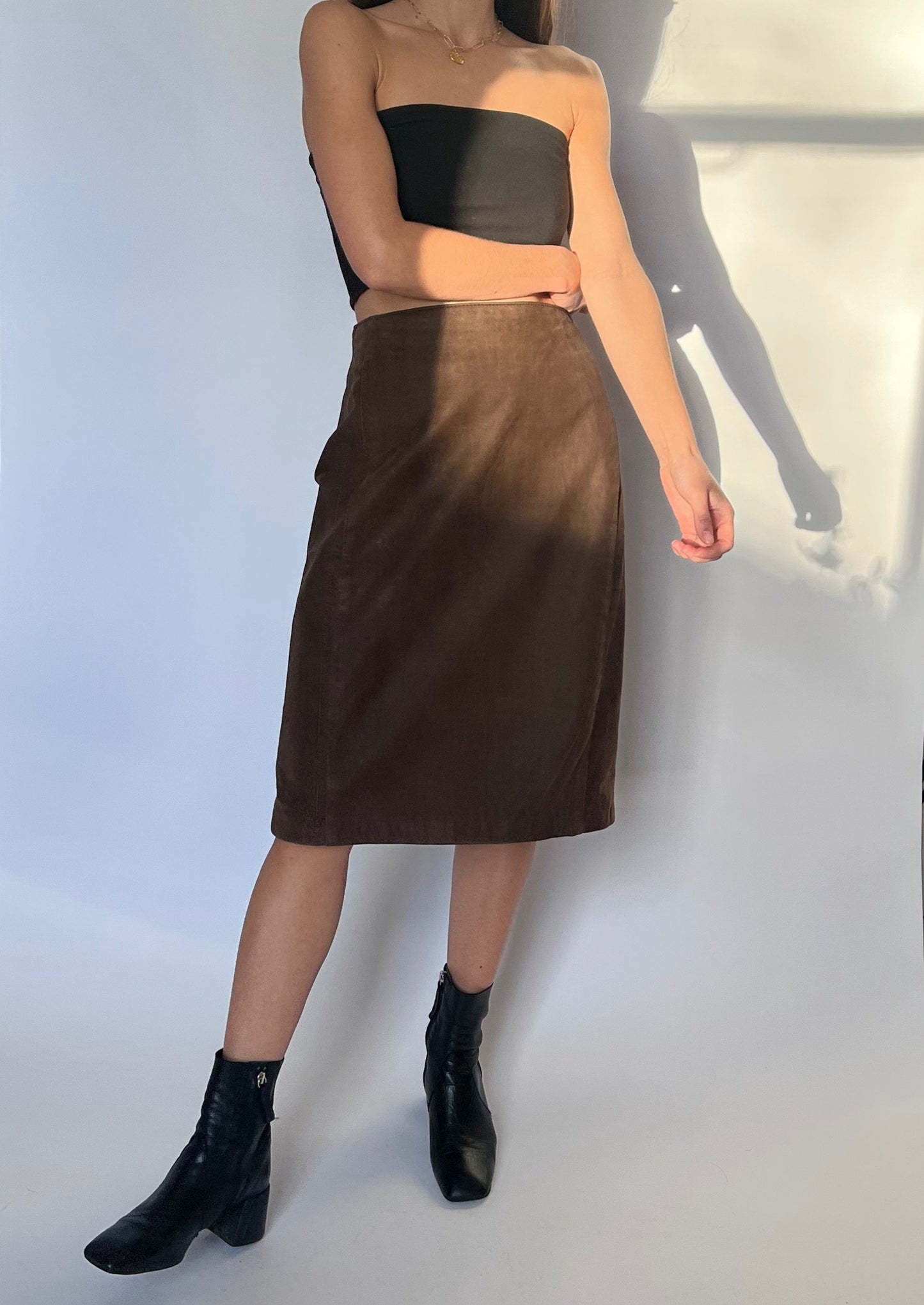 90s Brown Leather Midi Skirt W'28" UK10