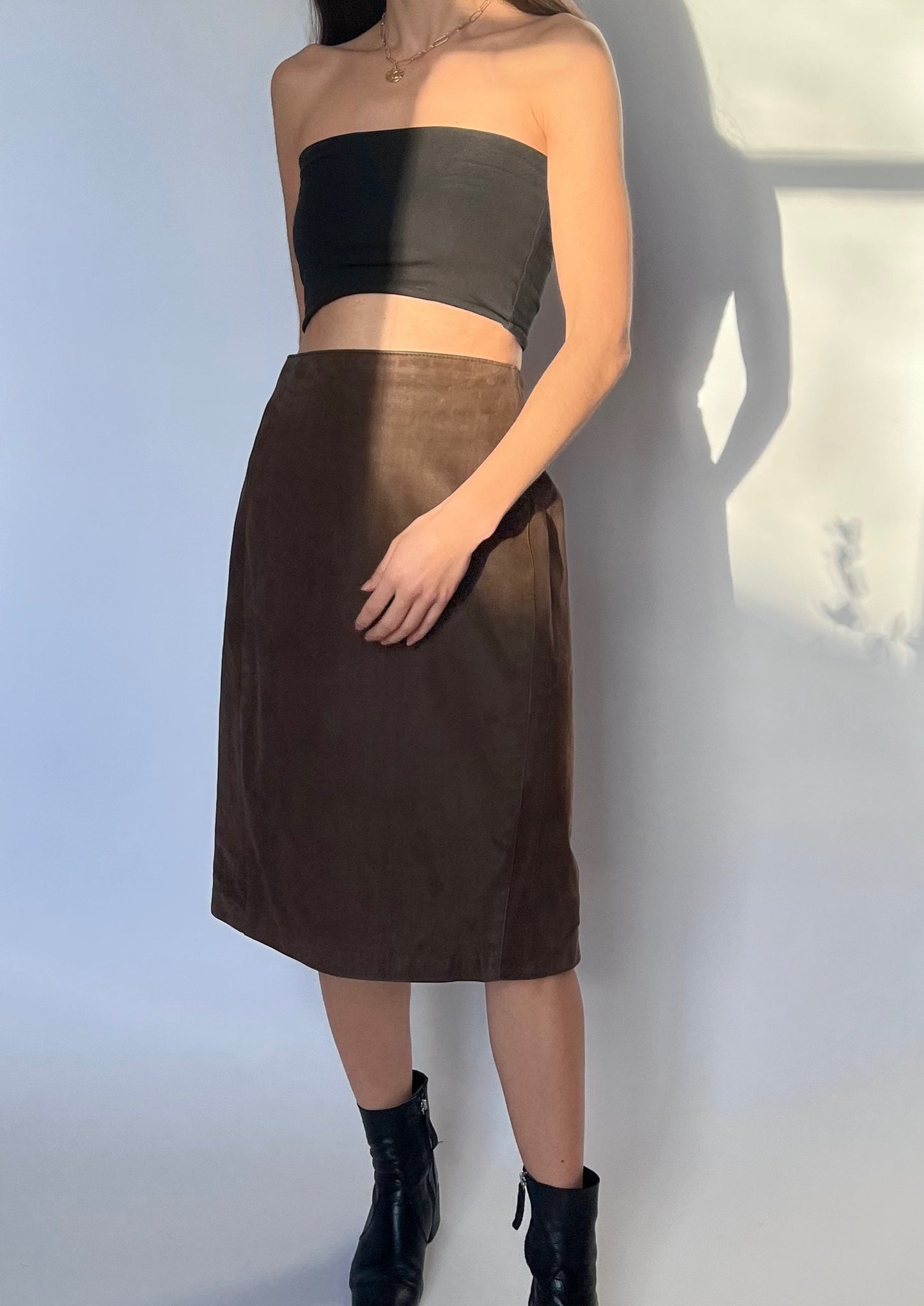 90s Brown Leather Midi Skirt W'28" UK10