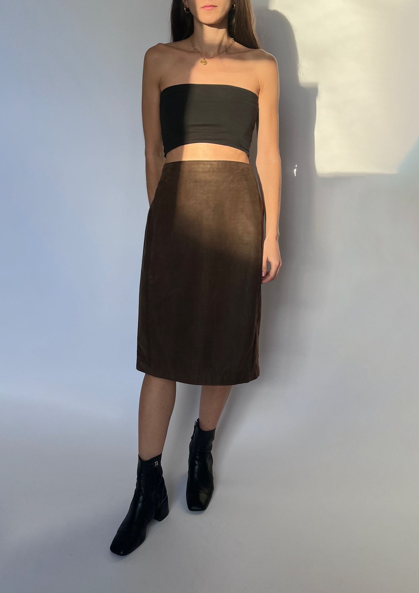 90s Brown Leather Midi Skirt W'28" UK10