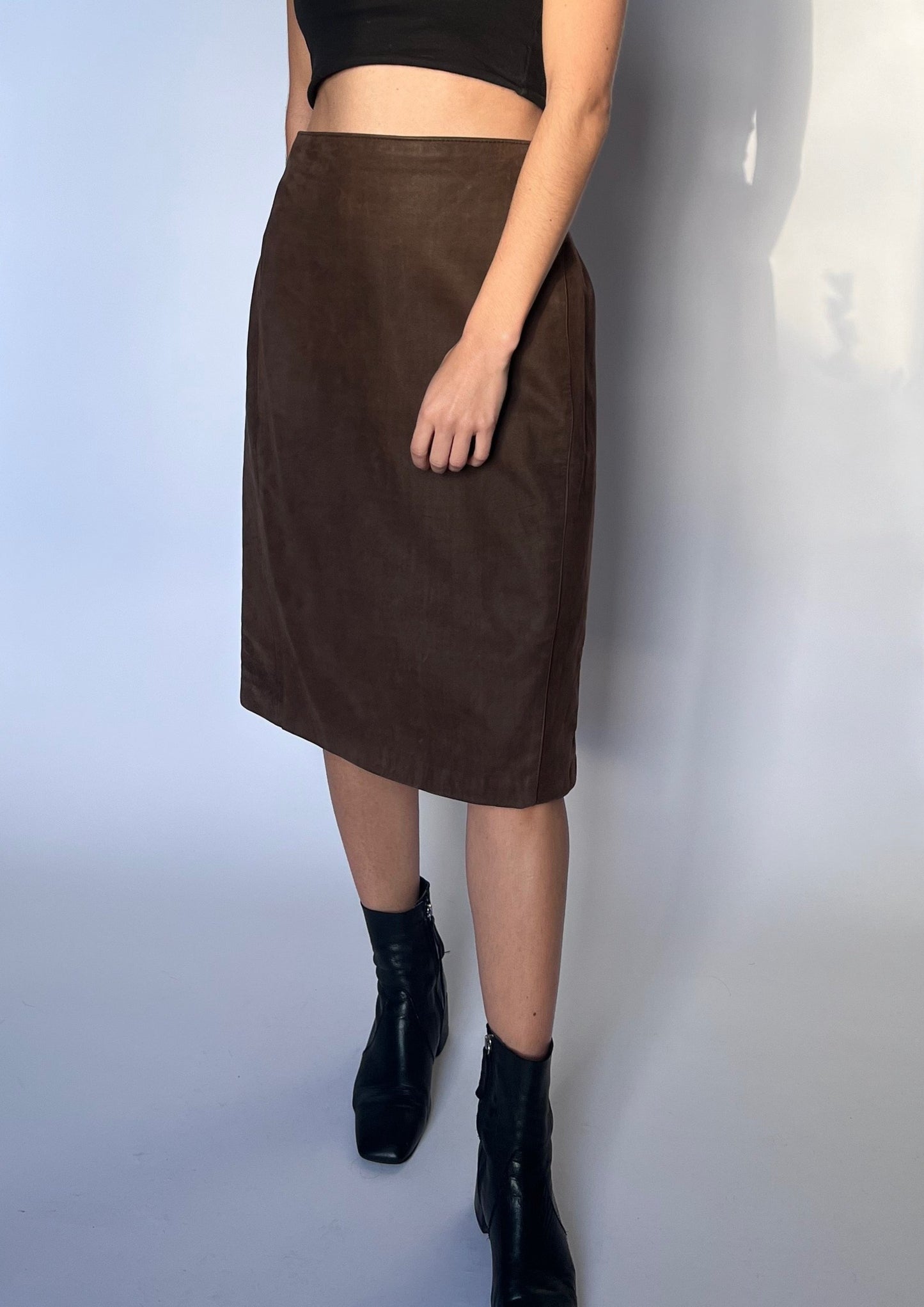 90s Brown Leather Midi Skirt W'28" UK10