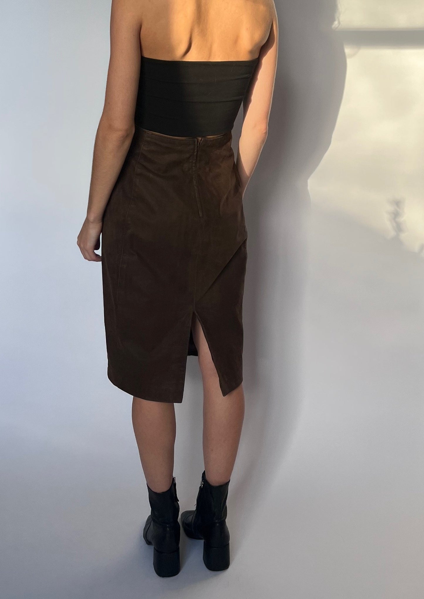 90s Brown Leather Midi Skirt W'28" UK10