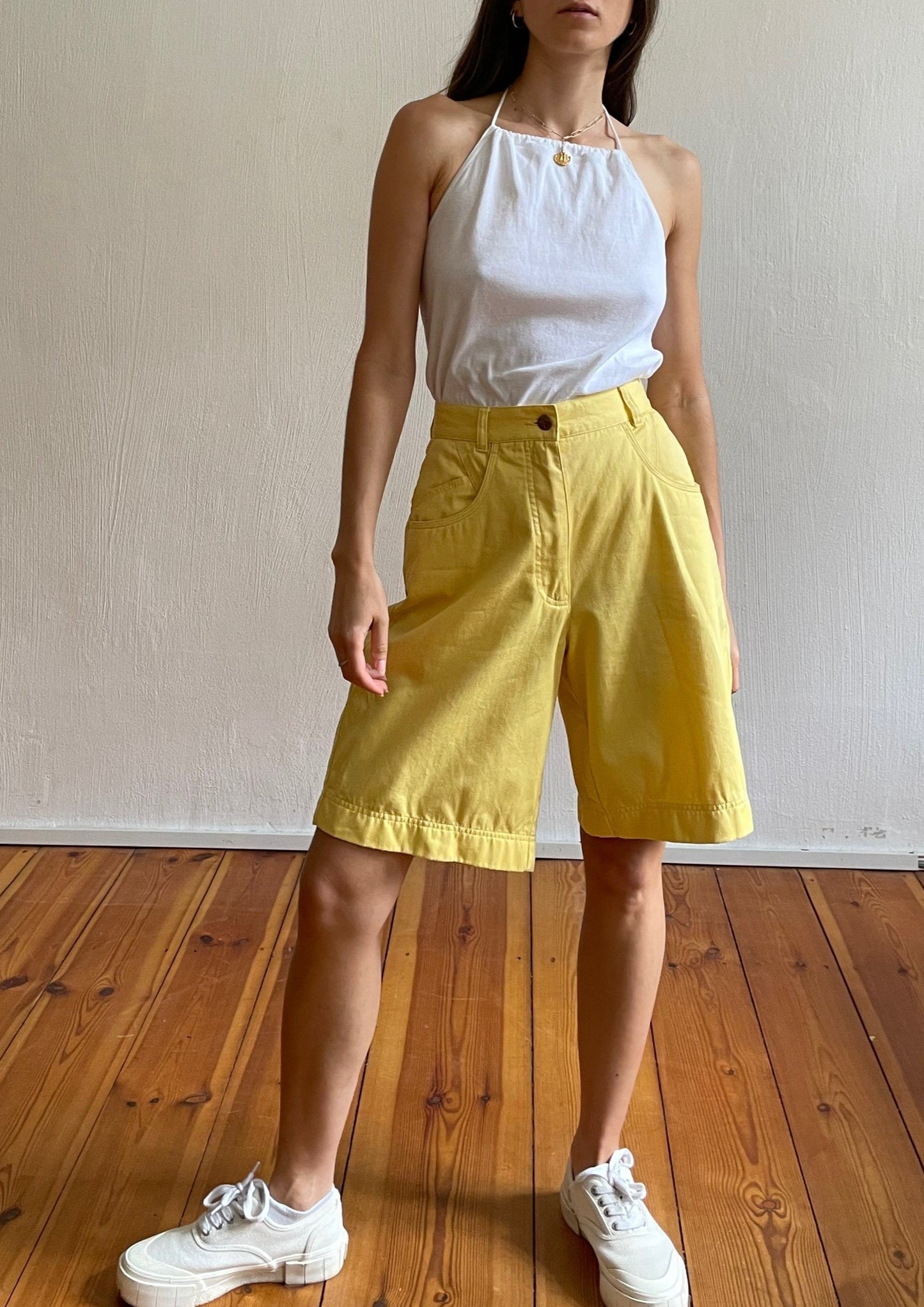 Vintage Yellow Bermuda Denim Shorts Size S Waist 26.5"