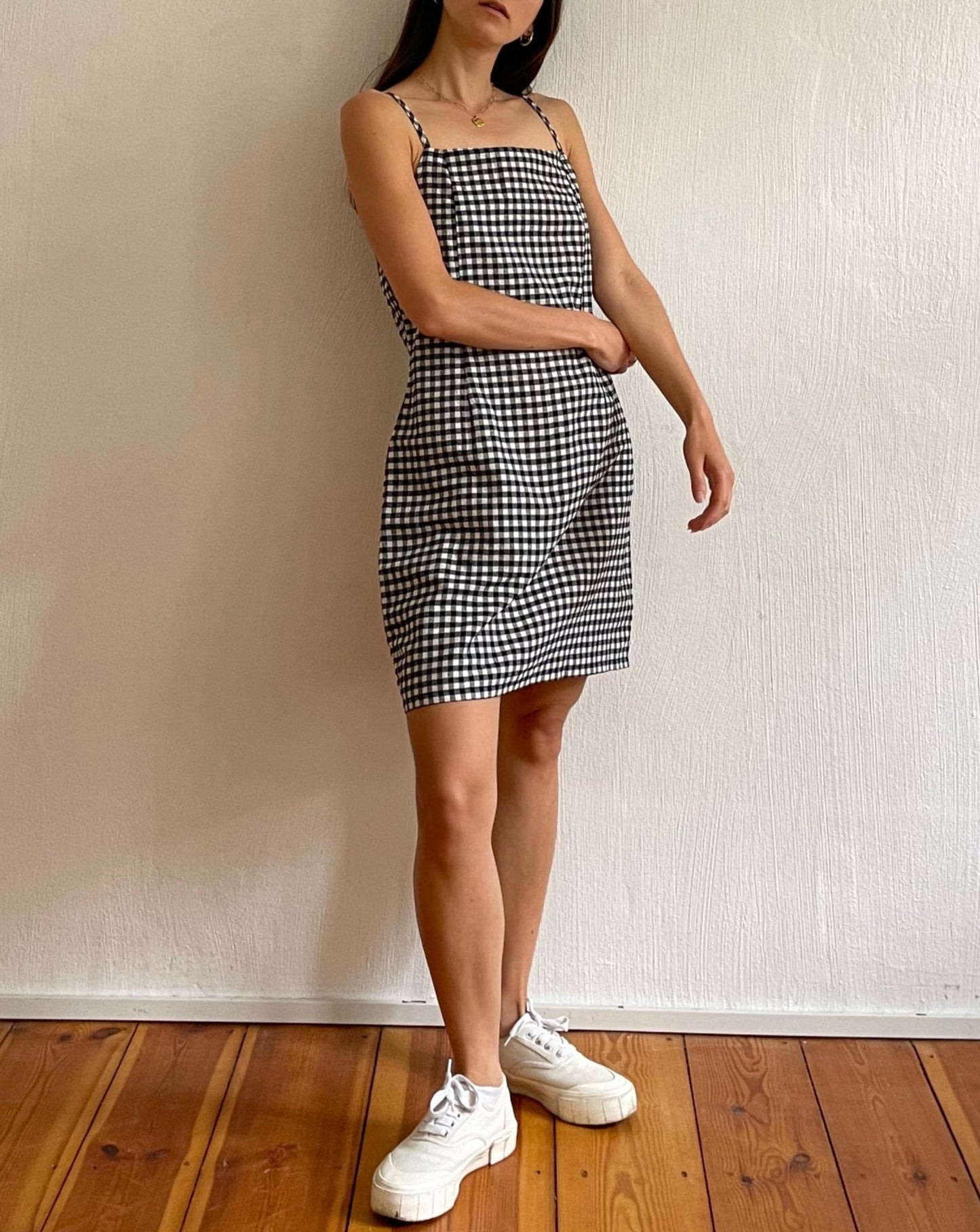 Gingham Cotton Straight Neck Dress Size S-M