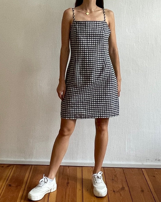 Gingham Cotton Straight Neck Dress Size S-M