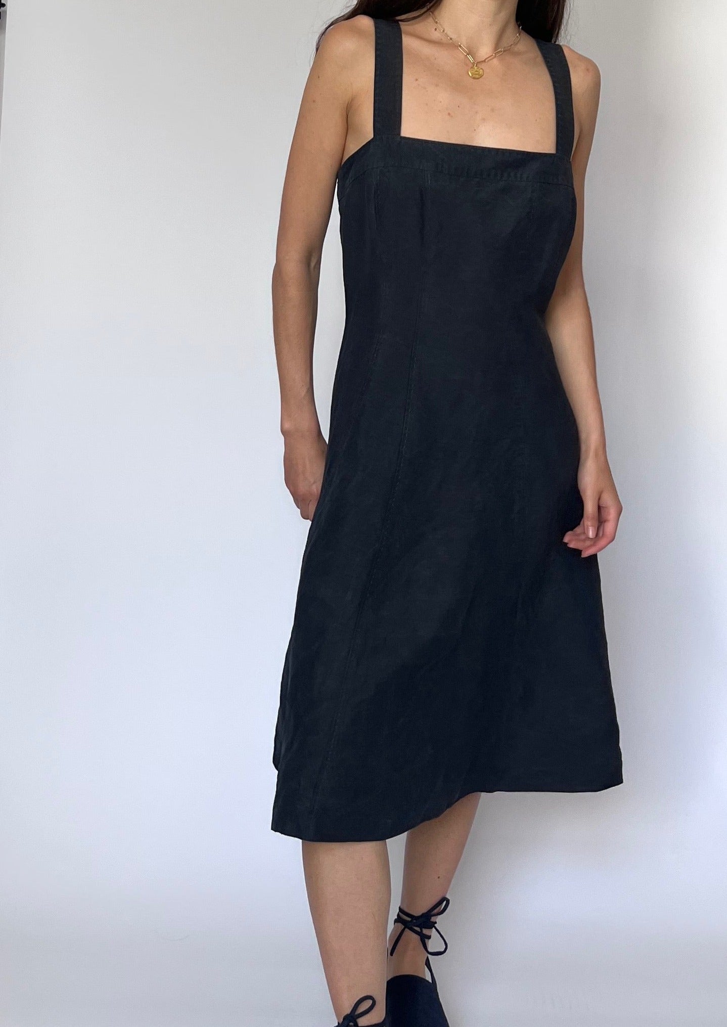 90s Linen Silk Apron Pinafore Midi Dress XS/S