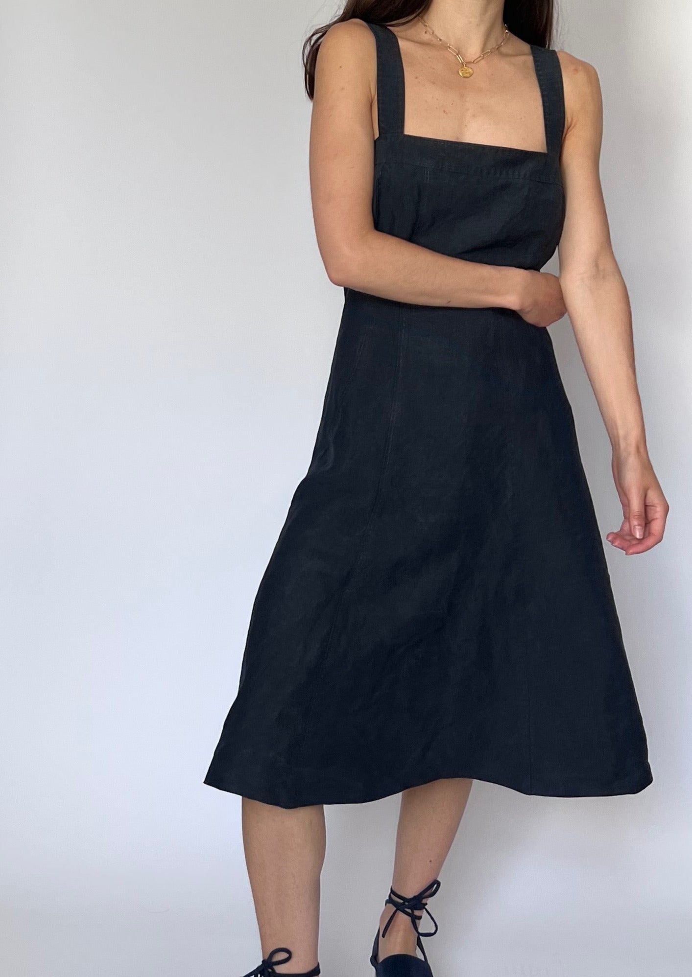 90s Linen Silk Apron Pinafore Midi Dress XS/S