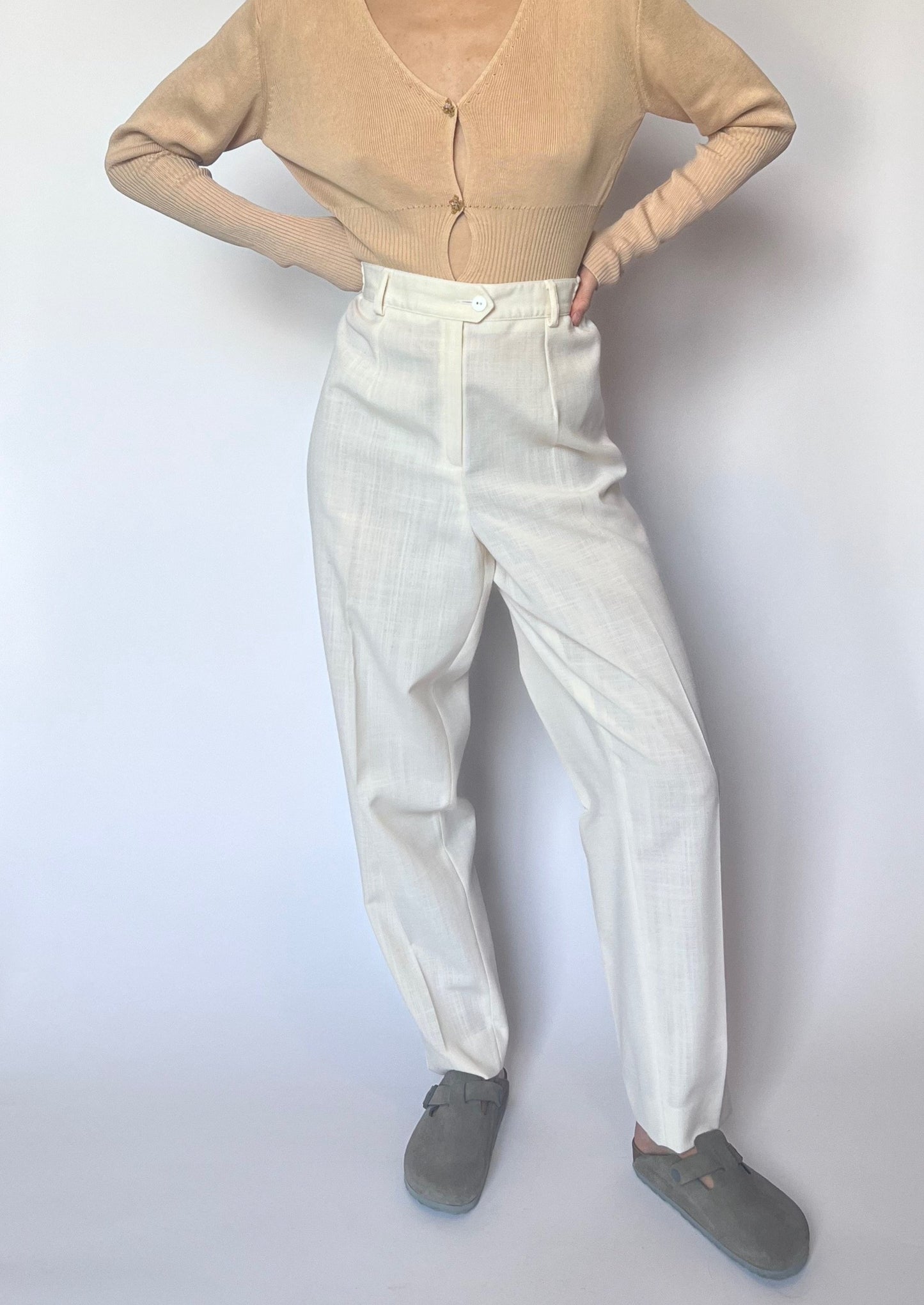 90s Cream Wide Leg Wool Trousers W'32" M