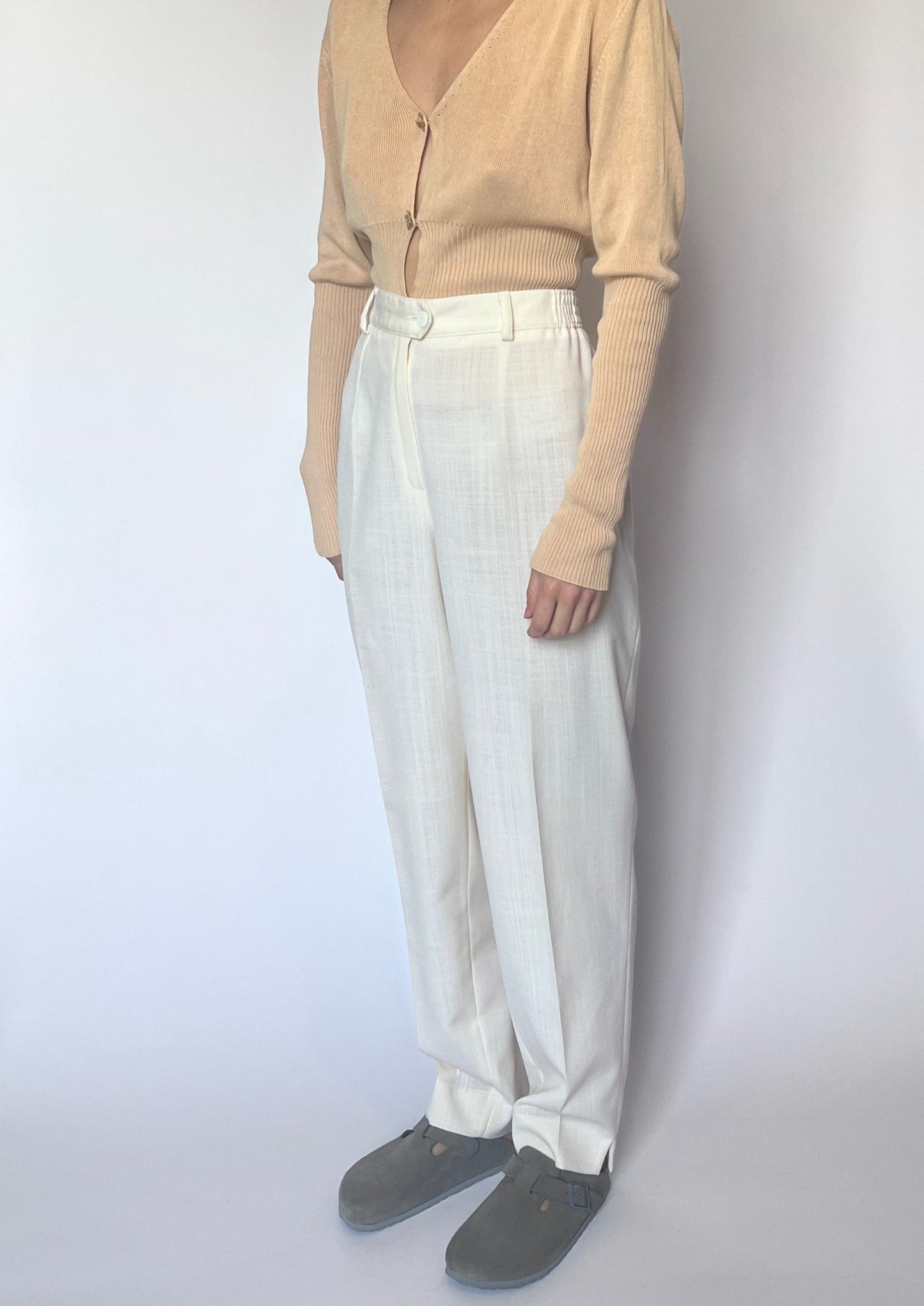 90s Cream Wide Leg Wool Trousers W'32" M