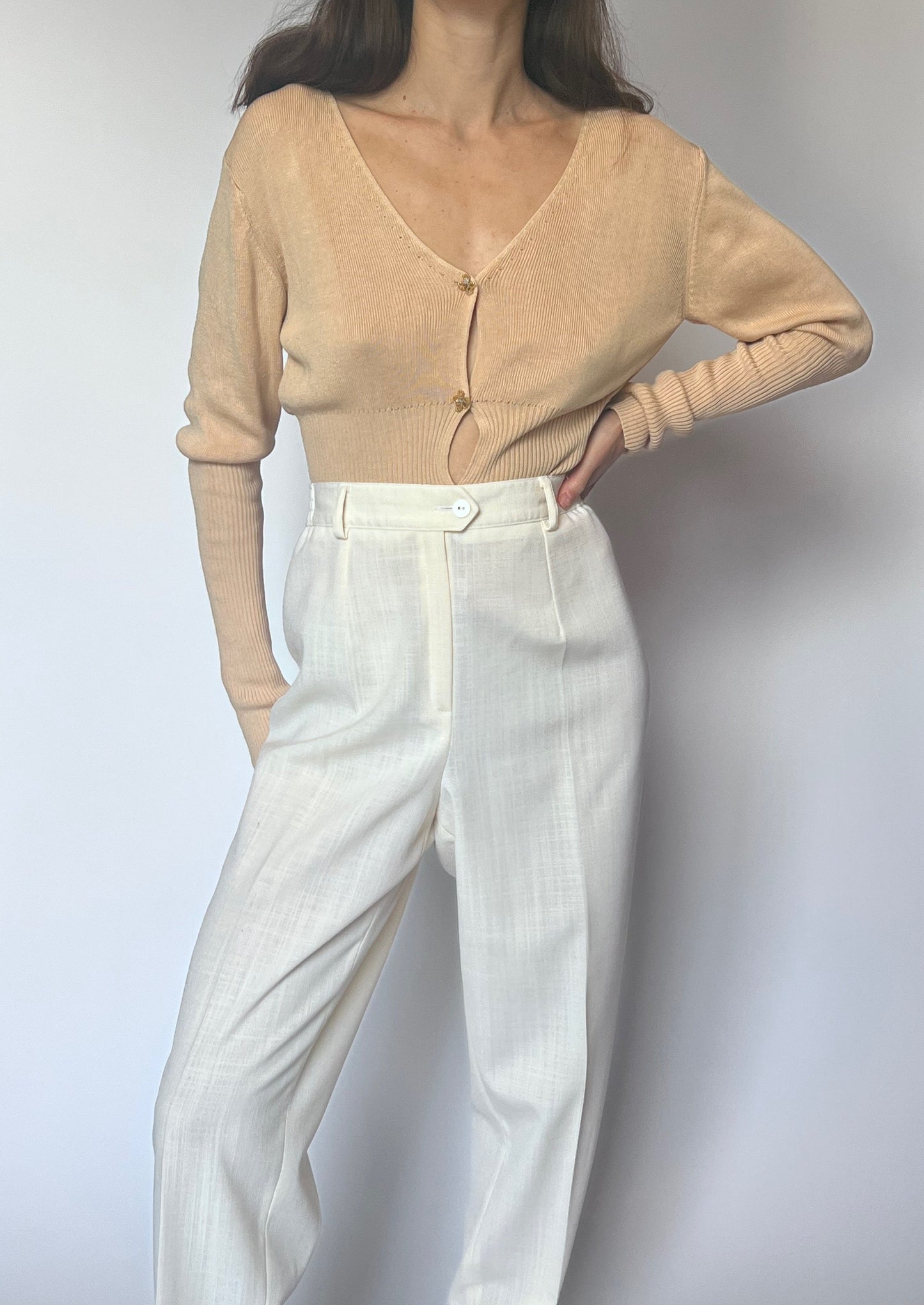 90s Cream Wide Leg Wool Trousers W'32" M