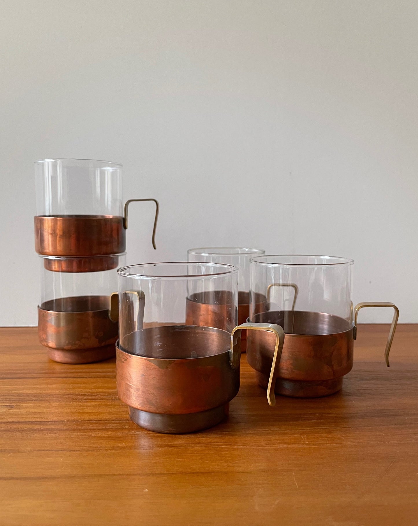 Vintage Modular Tea Cups Glasses with Copper Holders Set of 5