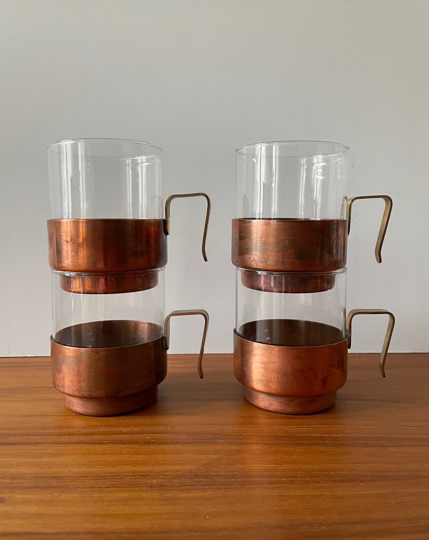 Vintage Modular Tea Cups Glasses with Copper Holders Set of 5