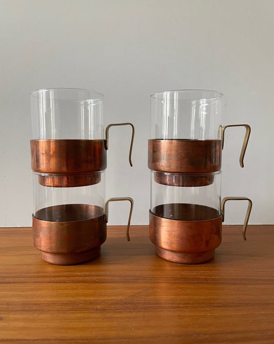 Vintage Modular Tea Cups Glasses with Copper Holders Set of 5