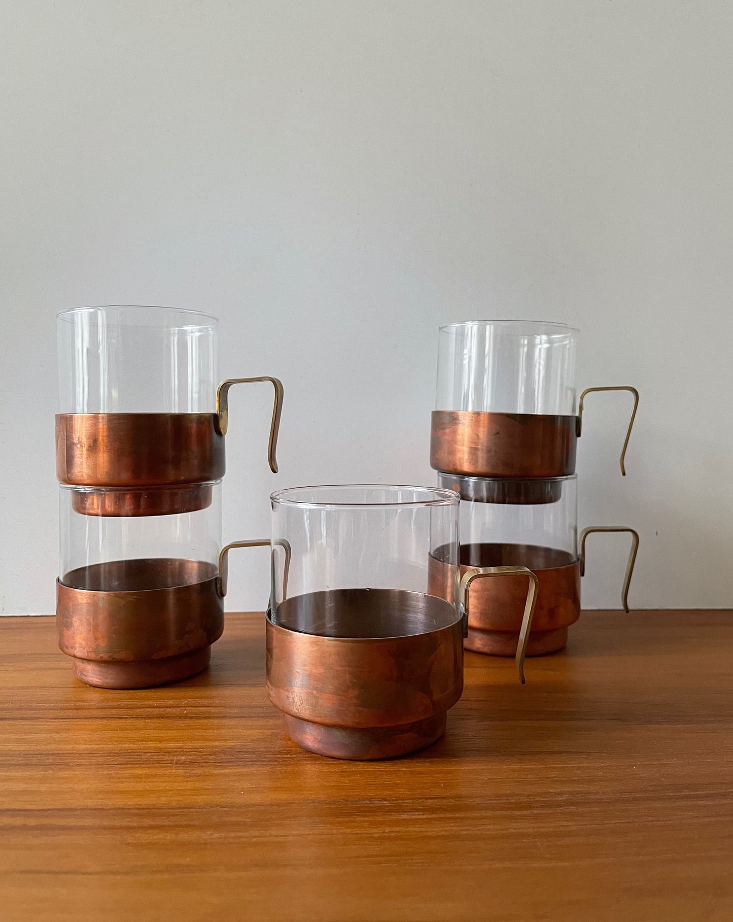 Vintage Modular Tea Cups Glasses with Copper Holders Set of 5