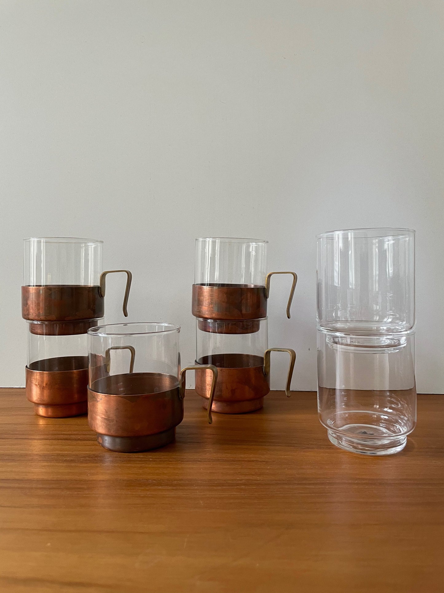 Vintage Modular Tea Cups Glasses with Copper Holders Set of 5