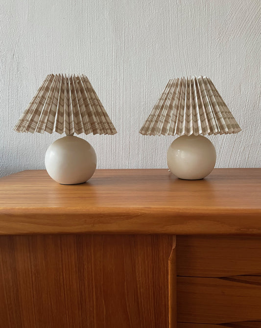 Vintage White Lamp with Checked Pleated Lampshade