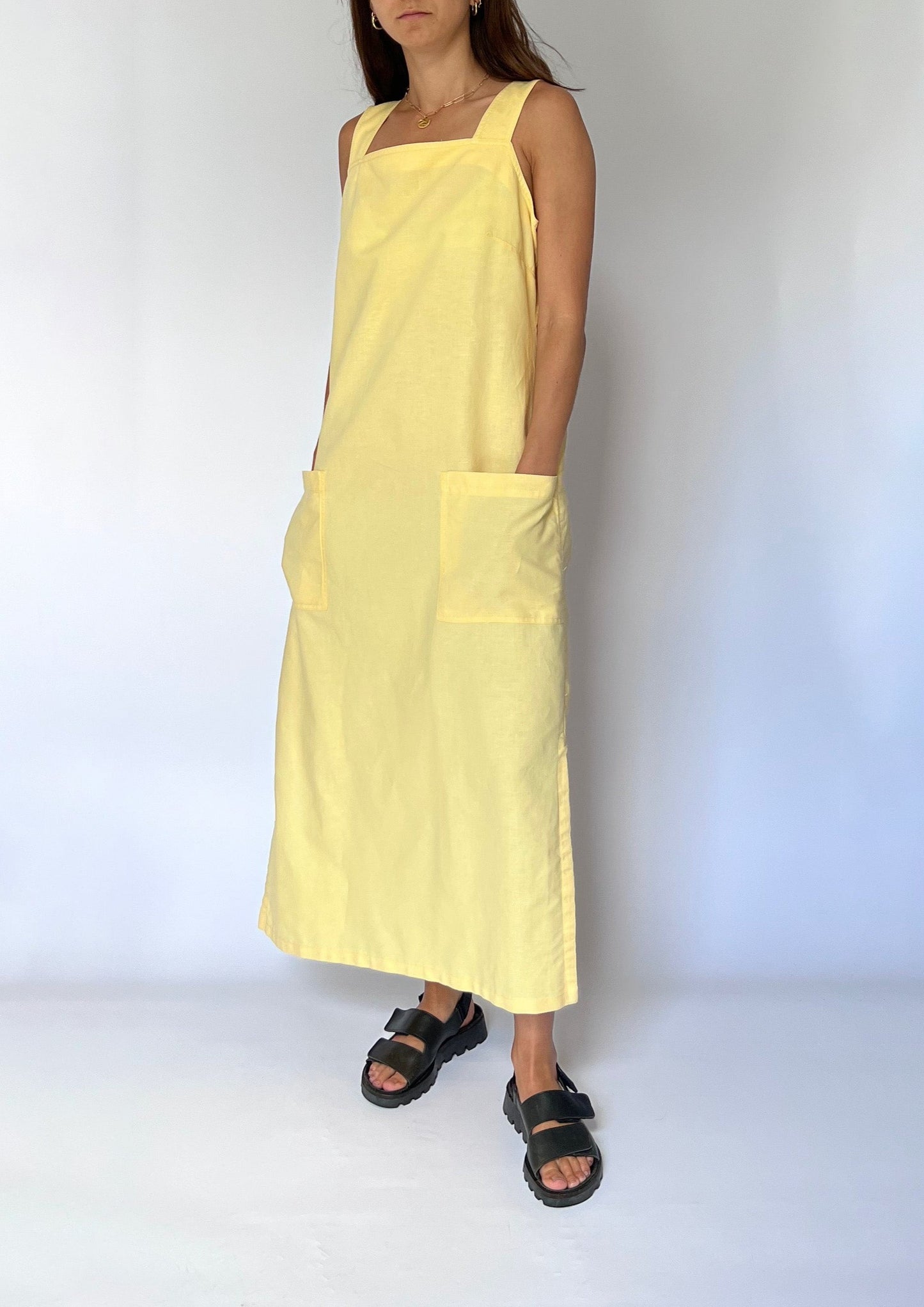 90s Vintage Yellow Linen Pinafore Dress S/M