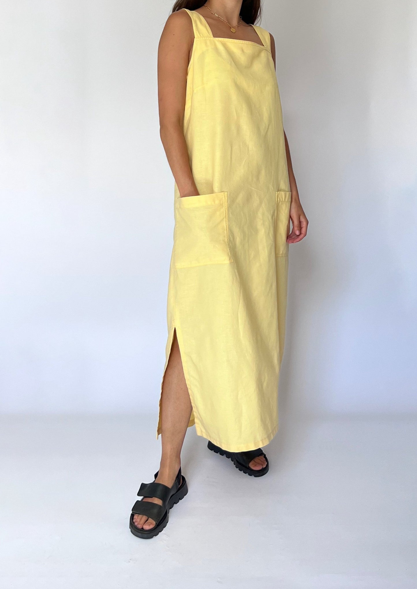 90s Vintage Yellow Linen Pinafore Dress S/M