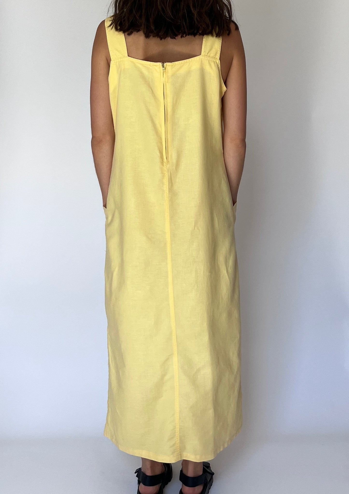 90s Vintage Yellow Linen Pinafore Dress S/M