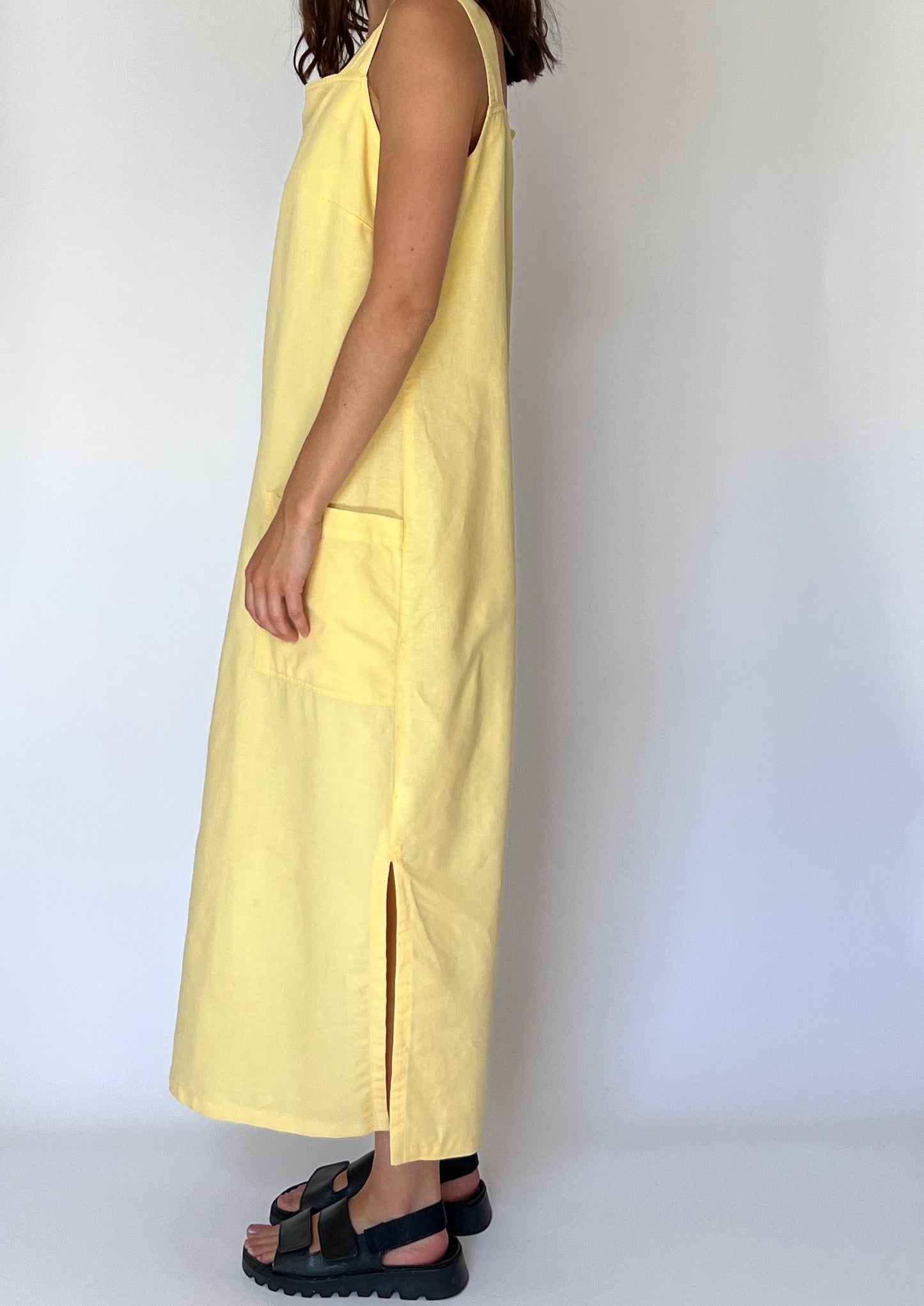 90s Vintage Yellow Linen Pinafore Dress S/M