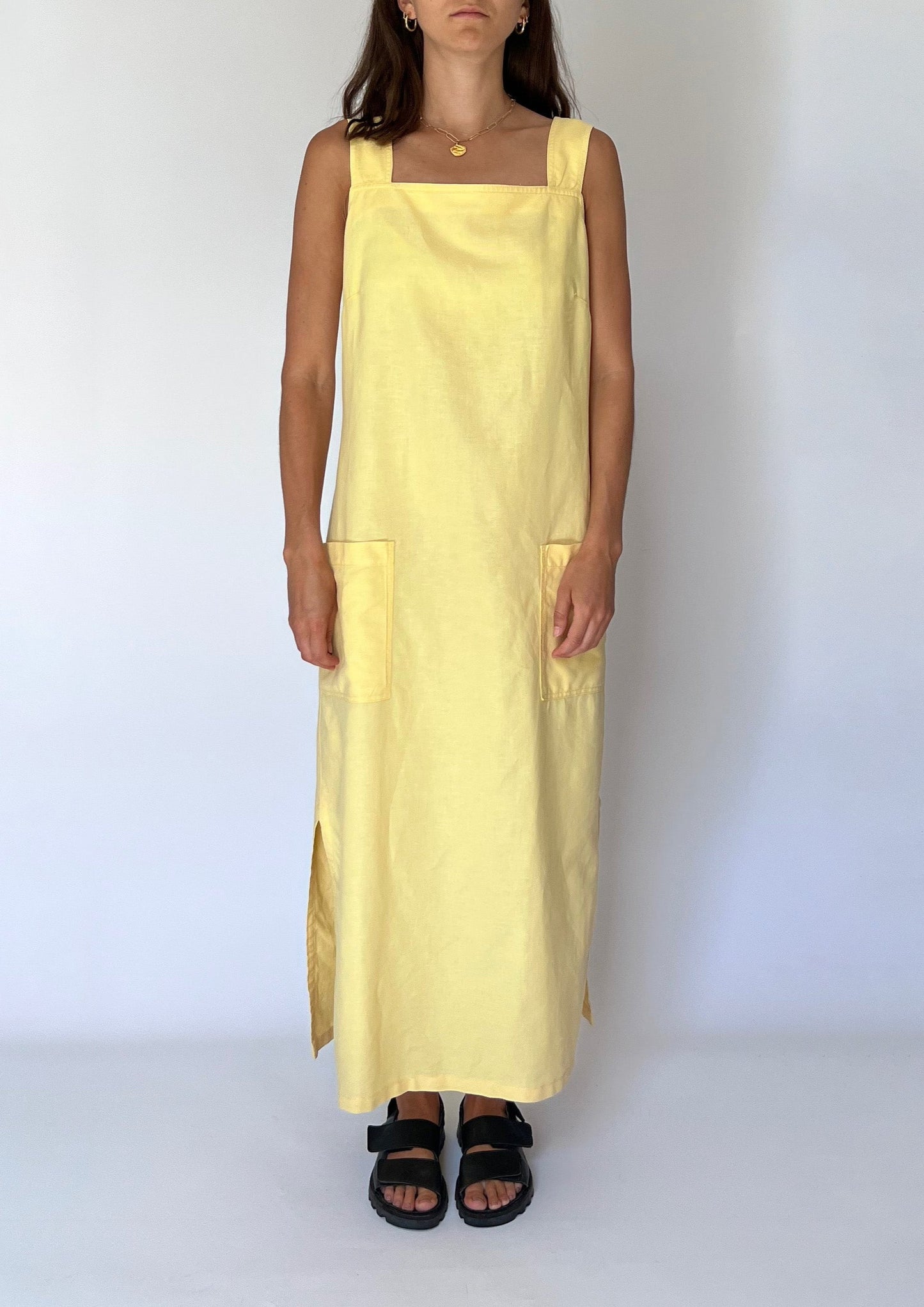 90s Vintage Yellow Linen Pinafore Dress S/M