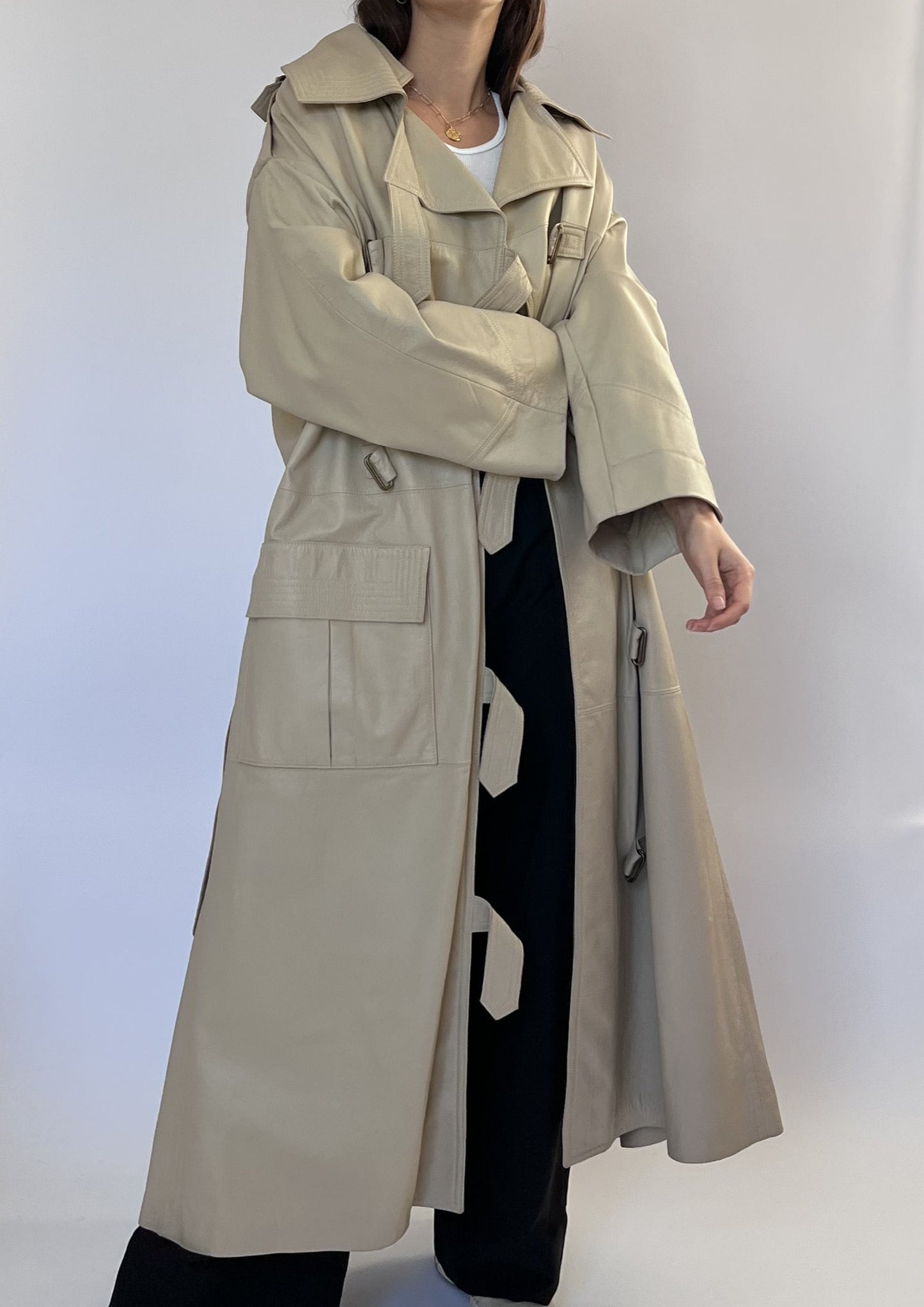 Cream Leather Trench Coat S-L