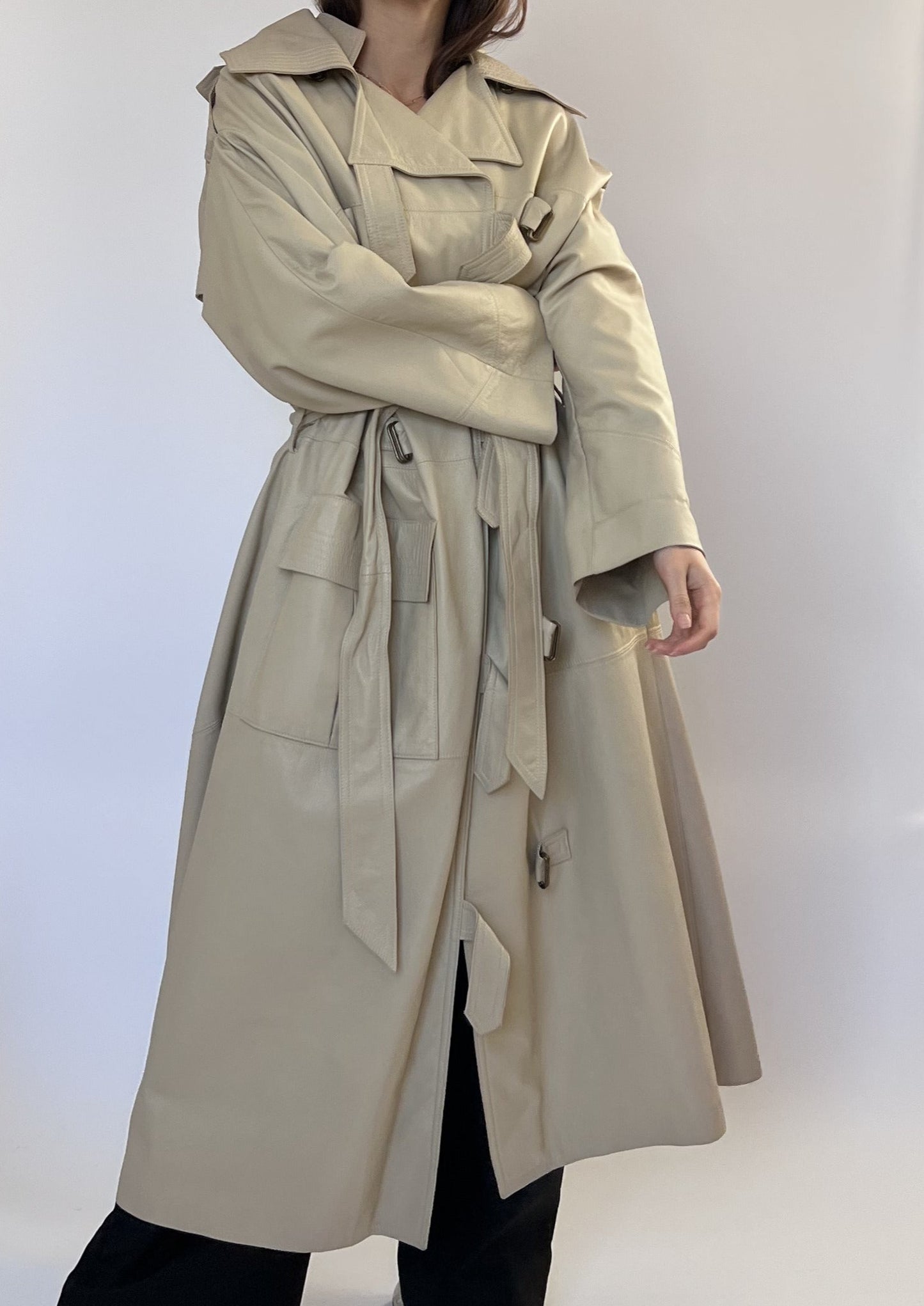 Cream Leather Trench Coat S-L