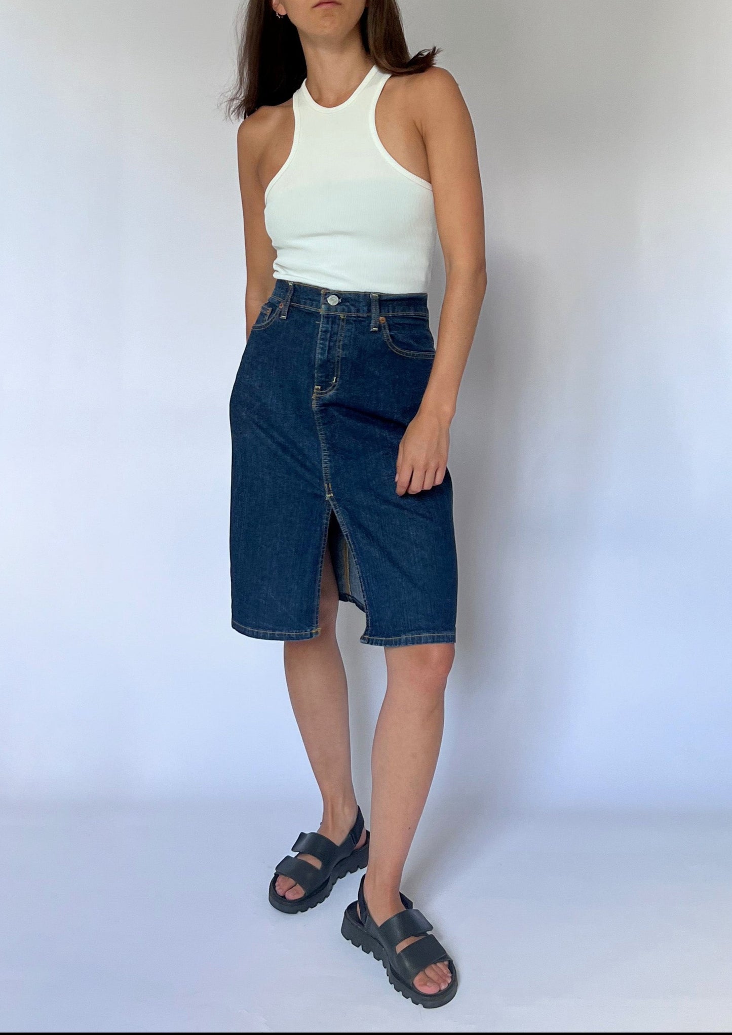 90s Ralph Lauren Knee Length Denim Skirt 30 S M Reforme Studios