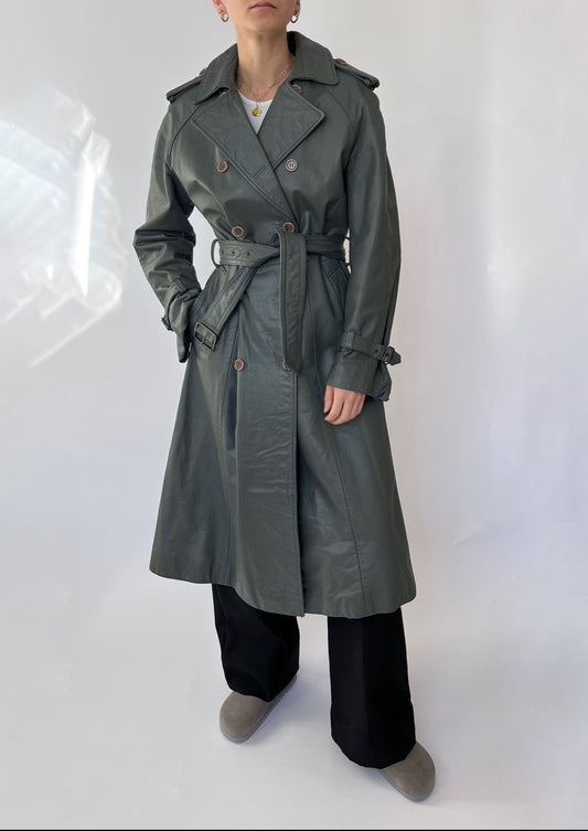 70s Grey Leather Trench Coat XS/S/M