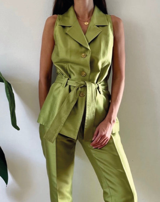 Unique Vintage Lime Green Silk Suit Size S Waist 31"