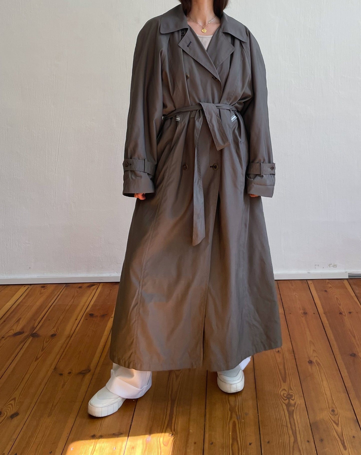 Vintage Dark Khaki Grey Maxi Fluid Trench Size S-L