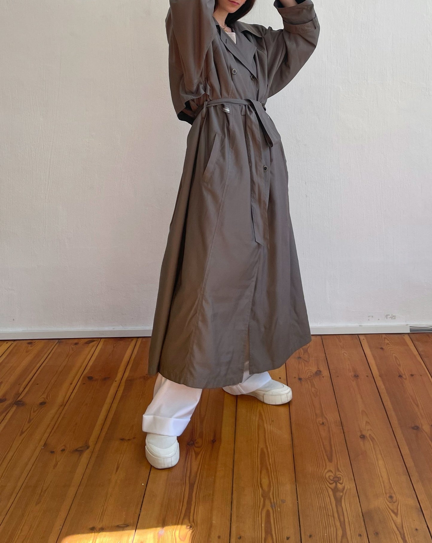 Vintage Dark Khaki Grey Maxi Fluid Trench Size S-L