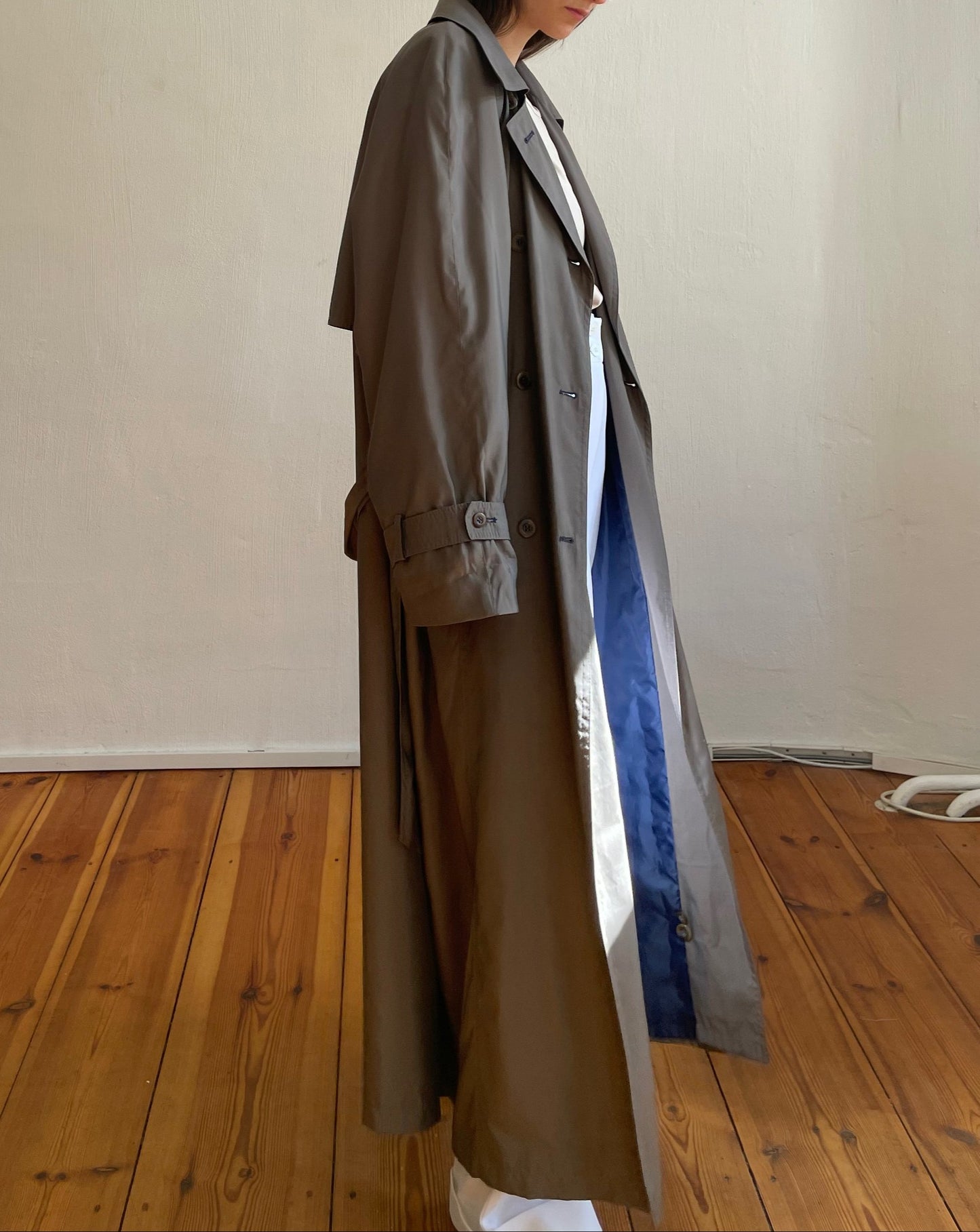 Vintage Dark Khaki Grey Maxi Fluid Trench Size S-L