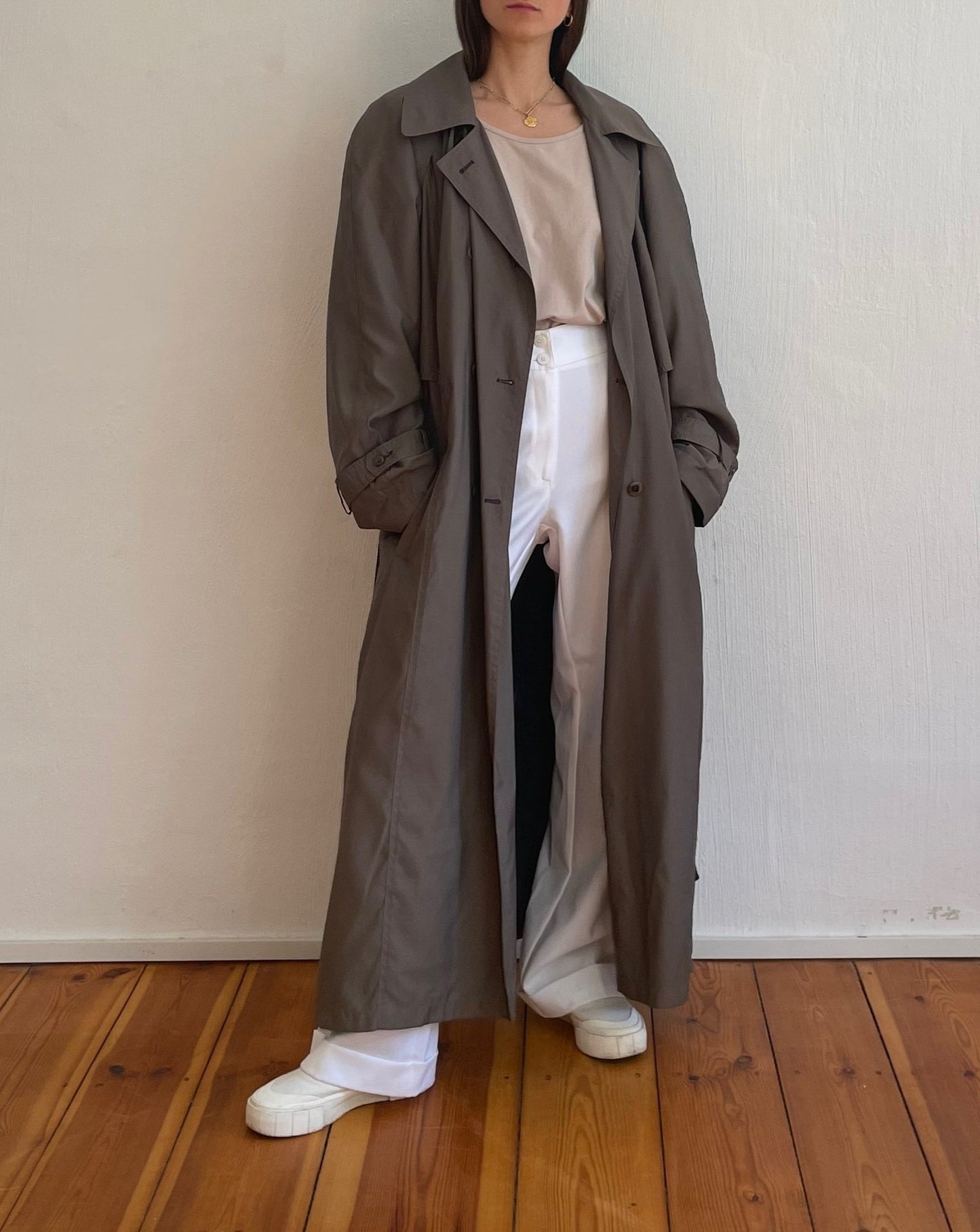 Vintage Dark Khaki Grey Maxi Fluid Trench Size S-L