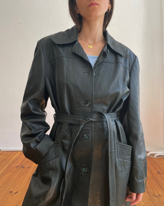 Vintage Forest Green Leather Trench Coat Size S-M