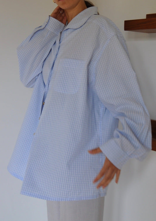 Vintage Light Blue Gingham Long Sleeve Relaxed Shirt Size 10-12