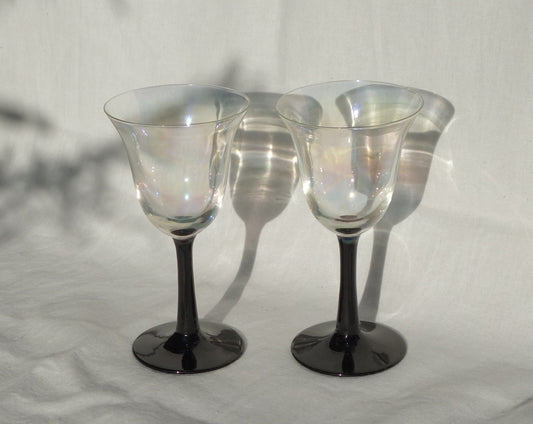 Set of 2 Vintage Iridescent Glasses with Black Stems