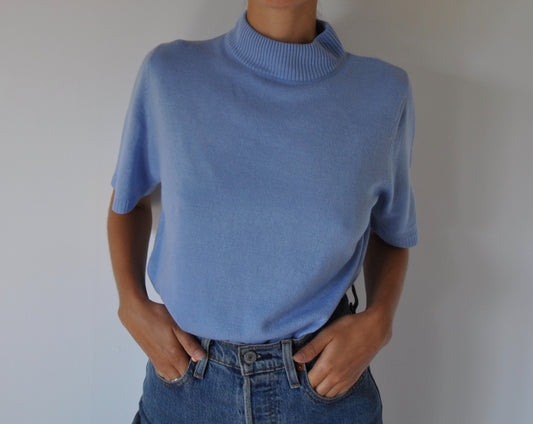 Vintage Light Blue Short Sleeve Jumper Knitted Top Size 10-12