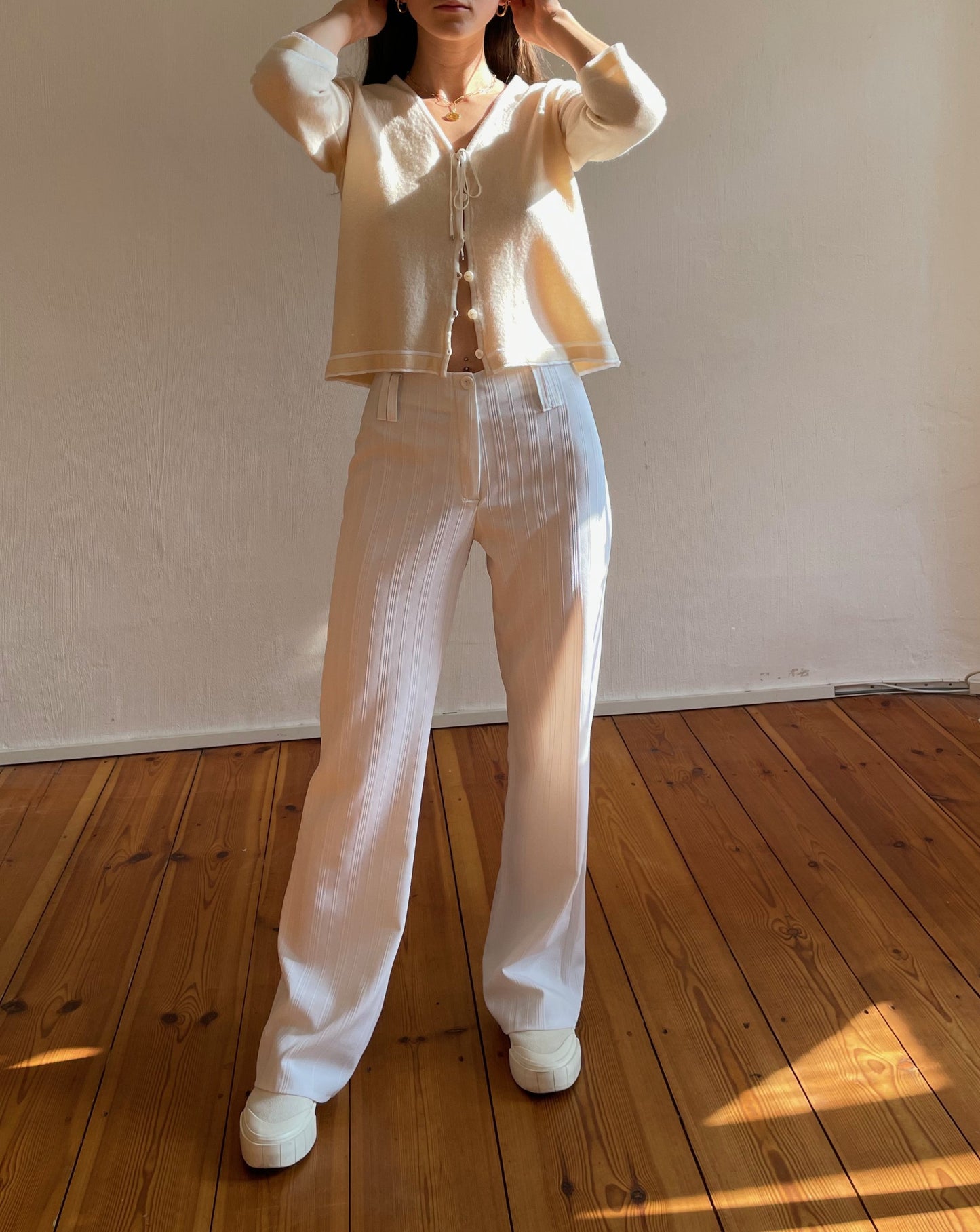 Vintage 90s White Textured Wide Leg Trousers Size S Waist 28"